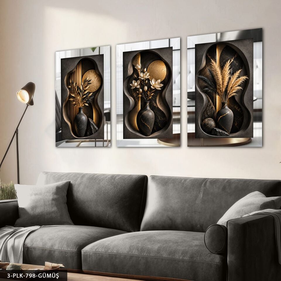Modern Vazoda Bitkiler 3 Parça Pleksi Aynalı Tablo Gümüş - 50 x 70 CM