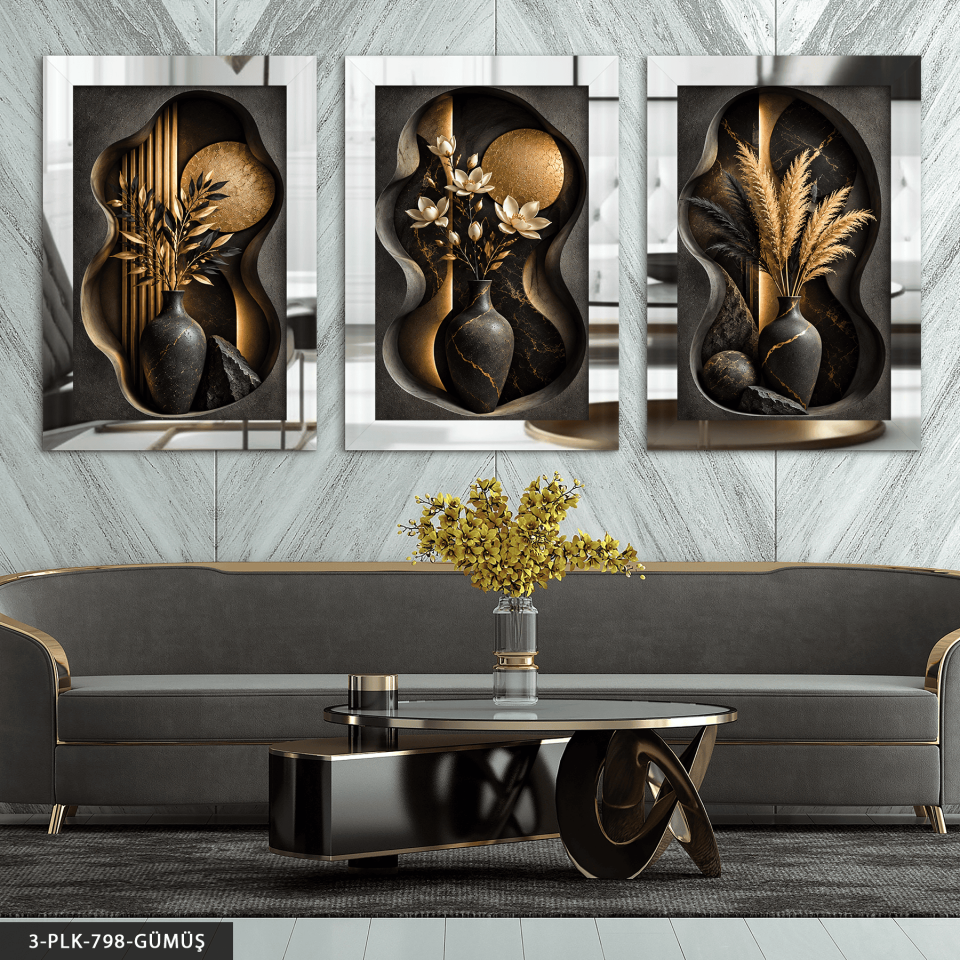 Modern Vazoda Bitkiler 3 Parça Pleksi Aynalı Tablo Gümüş - 50 x 70 CM