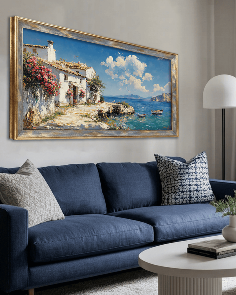 Sahildeki Beyaz Ev Premium Çerçeveli Tek Parça Tablo 65X110 cm PRM
