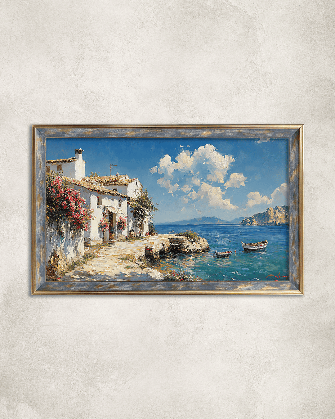 Sahildeki Beyaz Ev Premium Çerçeveli Tek Parça Tablo 65X110 cm PRM