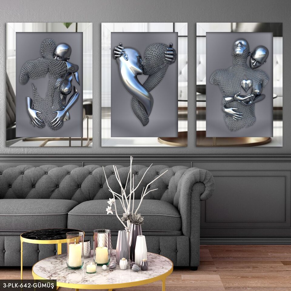 Aşk Temalı Sanatsal Heykel 3 Parça Pleksi Aynalı Tablo 60 x 80 CM - Gümüş