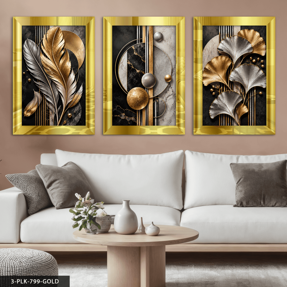 Gold Gümüş Yaprak ve Soyut Desenler 3 Parça Pleksi Aynalı Tablo