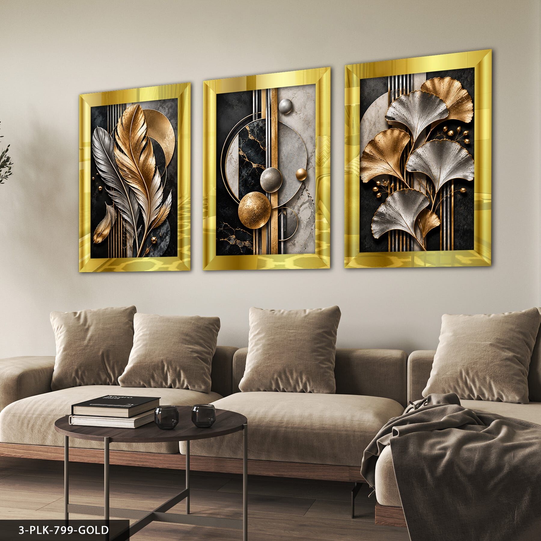 Gold Gümüş Yaprak ve Soyut Desenler 3 Parça Pleksi Aynalı Tablo