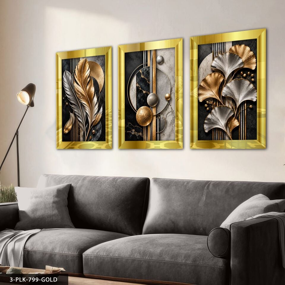 Gold Gümüş Yaprak ve Soyut Desenler 3 Parça Pleksi Aynalı Tablo