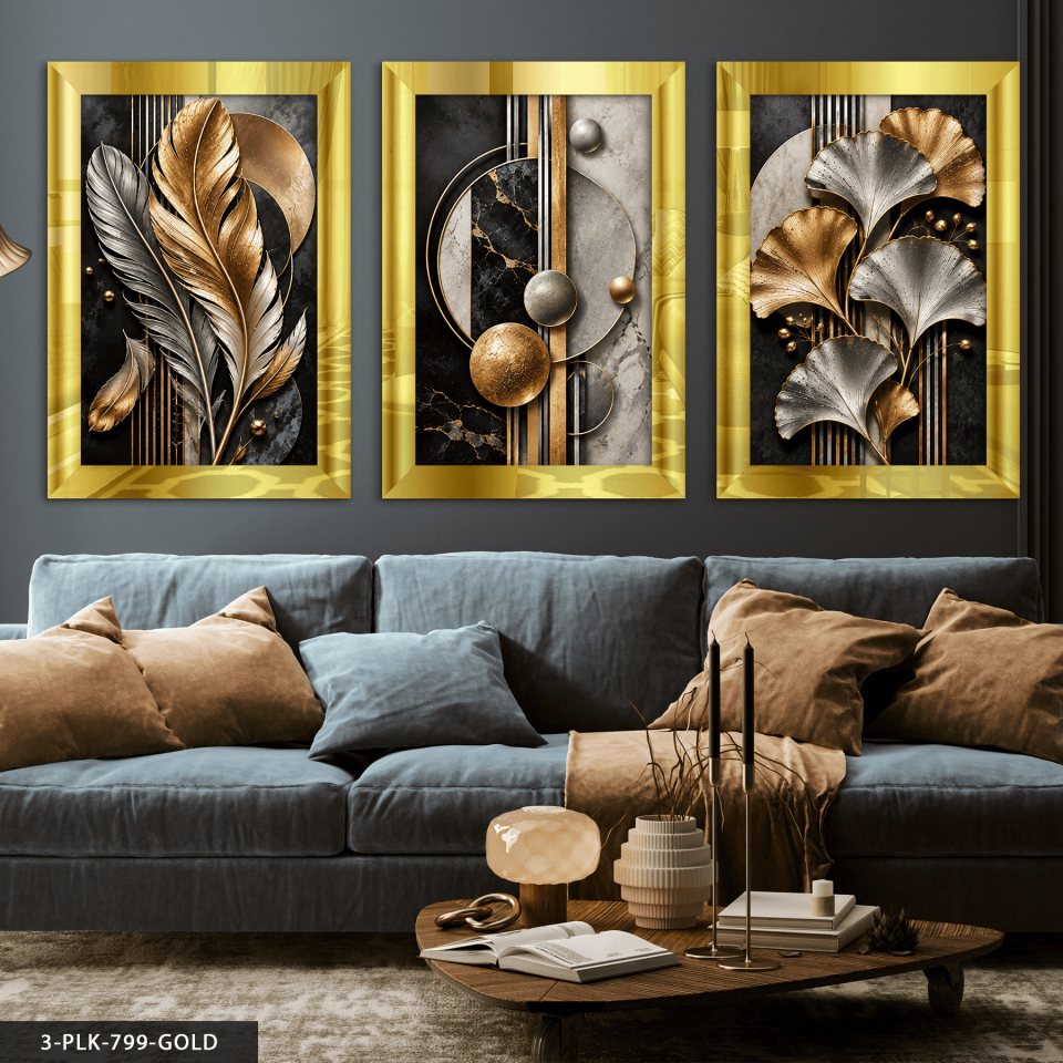 Gold Gümüş Yaprak ve Soyut Desenler 3 Parça Pleksi Aynalı Tablo