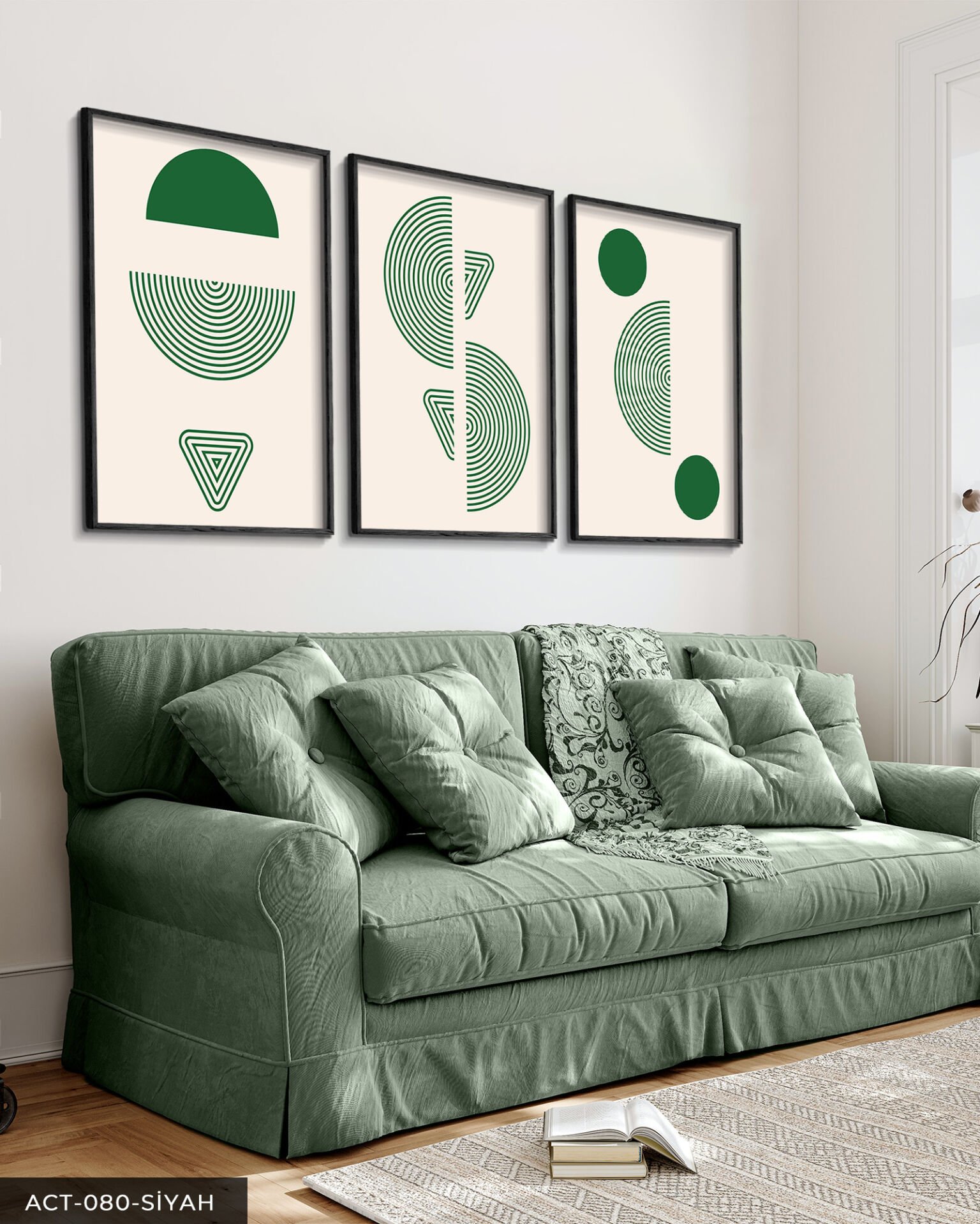 Yeşil Soyut Desen 3 Parça Ahşap Çerçeveli Tablo Siyah - 40 x 60 CM