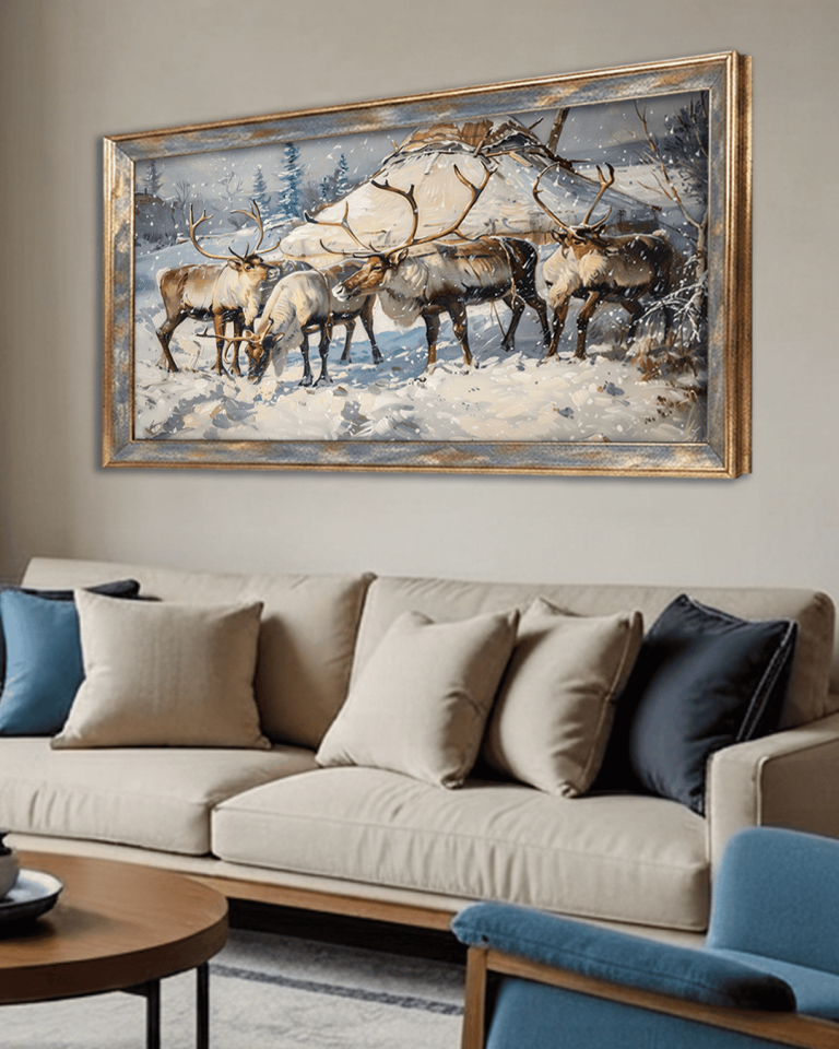 Karda Geyikler Premium Çerçeveli Tek Parça Tablo 65X110 cm PRM