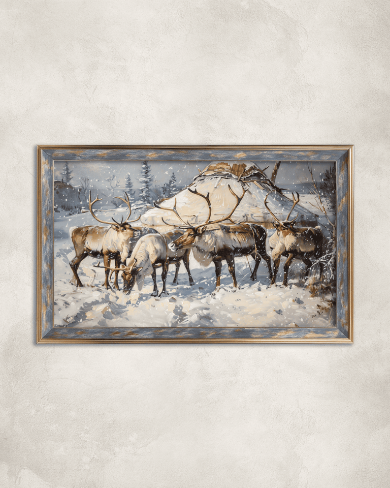 Karda Geyikler Premium Çerçeveli Tek Parça Tablo 65X110 cm PRM