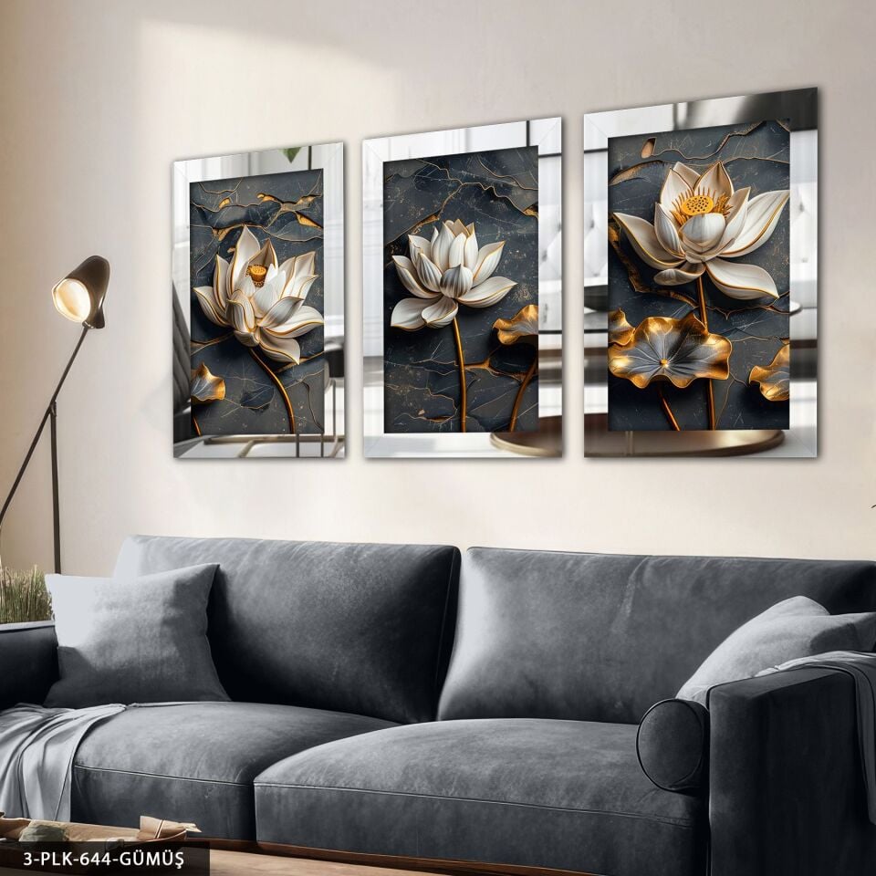 Çiçek 3D Görünümlü Arka Plan 3 Parça Pleksi Aynalı Tablo 60 x 80 CM - Gümüş