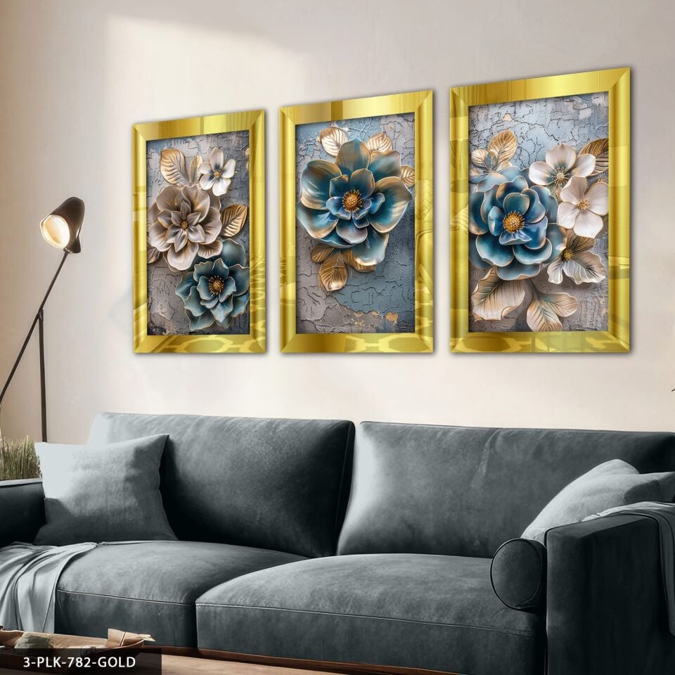 Eskitme Detaylı Mavi Ekru Çiçek 3 Parça Pleksi Aynalı Tablo 30 x 40 CM - Gold