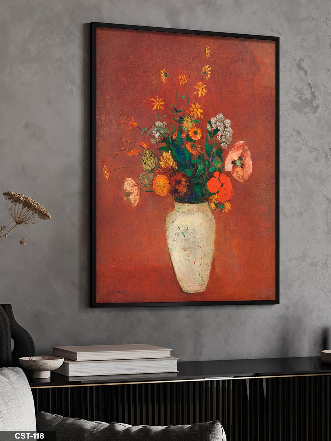 Kırmızı Fonlu Vazo Çiçek Tek Parça Ahşap Çerçeveli Tablo Siyah - 20 x 30 CM