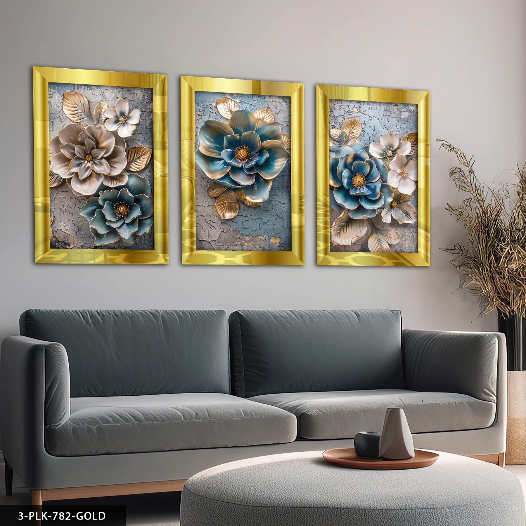 Eskitme Detaylı Mavi Ekru Çiçek 3 Parça Pleksi Aynalı Tablo 40 x 60 CM - Gold