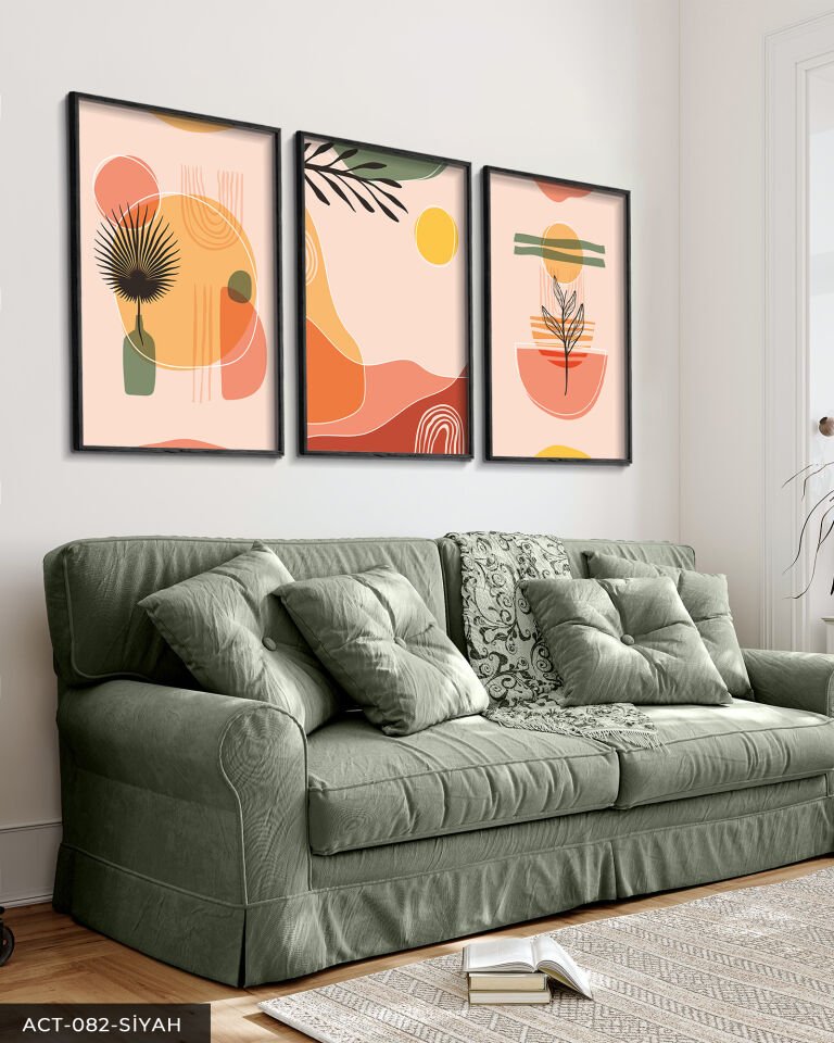 Renkli Doğa Soyut 3 Parça Ahşap Çerçeveli Tablo Siyah - 40 x 60 CM