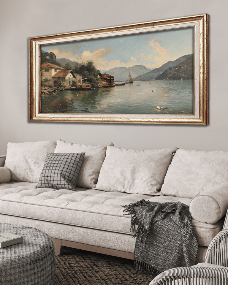 Göl Kenarındaki Yaşam Premium Çerçeveli Tek Parça Tablo 65X110 cm PRM Gümüş
