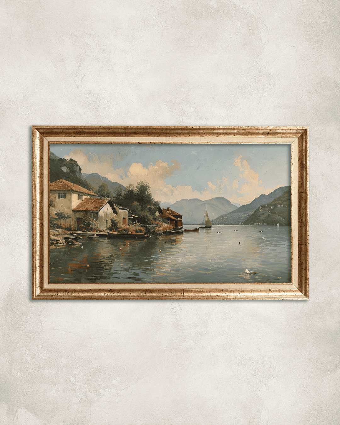 Göl Kenarındaki Yaşam Premium Çerçeveli Tek Parça Tablo 65X110 cm PRM Gümüş