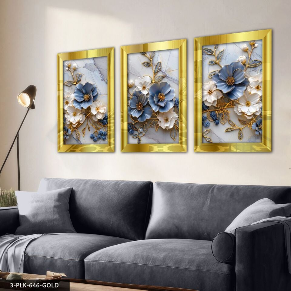 Mavi Beyaz Çiçekler Gold Yaprak Detaylı 3 Parça Pleksi Aynalı Tablo 60 x 80 CM - Gold