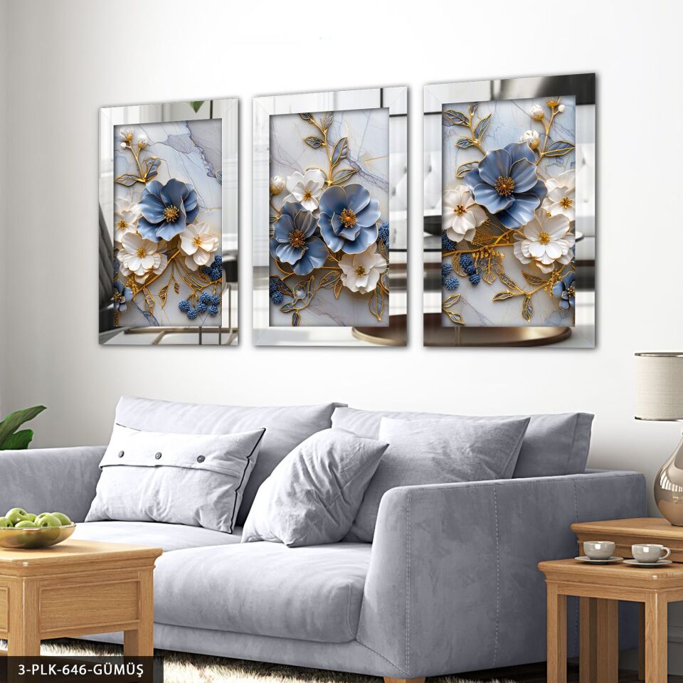 Mavi Beyaz Çiçekler Gold Yaprak Detaylı 3 Parça Pleksi Aynalı Tablo 60 x 80 CM - Gümüş