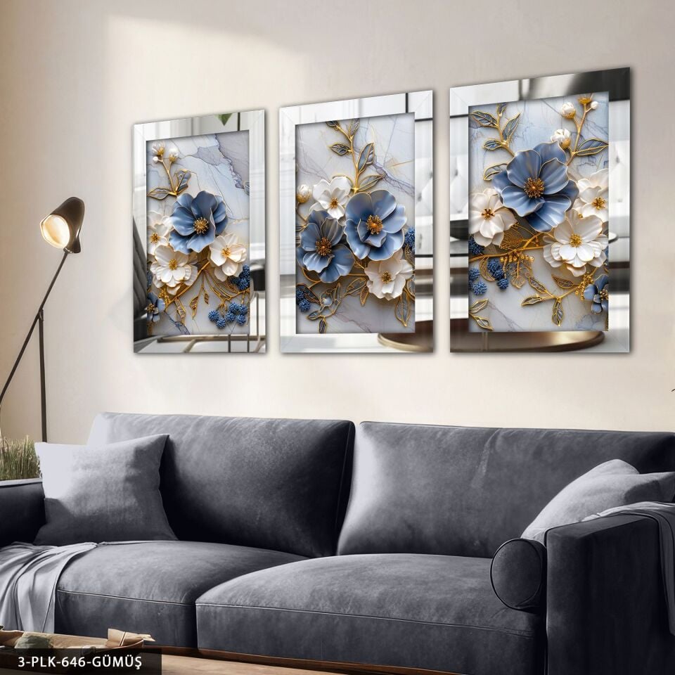 Mavi Beyaz Çiçekler Gold Yaprak Detaylı 3 Parça Pleksi Aynalı Tablo 60 x 80 CM - Gümüş