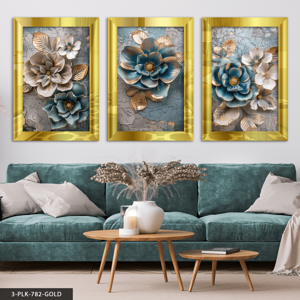 Eskitme Detaylı Mavi Ekru Çiçek 3 Parça Pleksi Aynalı Tablo 50 x 70 CM - Gold