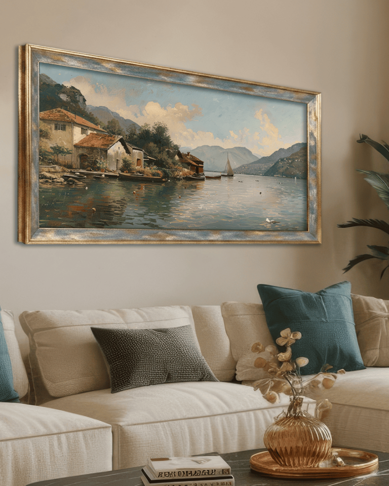 Göl Kenarındaki Yaşam Premium Çerçeveli Tek Parça Tablo 65X110 cm PRM Mavi