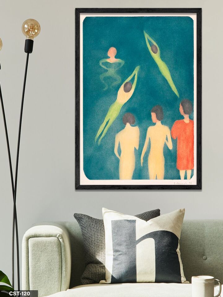 Yeşil Fonlu İnsan Figürleri illüstrasyon Tek Parça Ahşap Çerçeveli Tablo Siyah - 20 x 30 CM