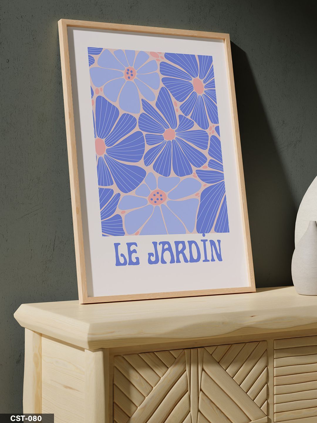 Mavi Çiçekli Le Jardin Yazılı Tek Parça Ahşap Çerçeveli Tablo