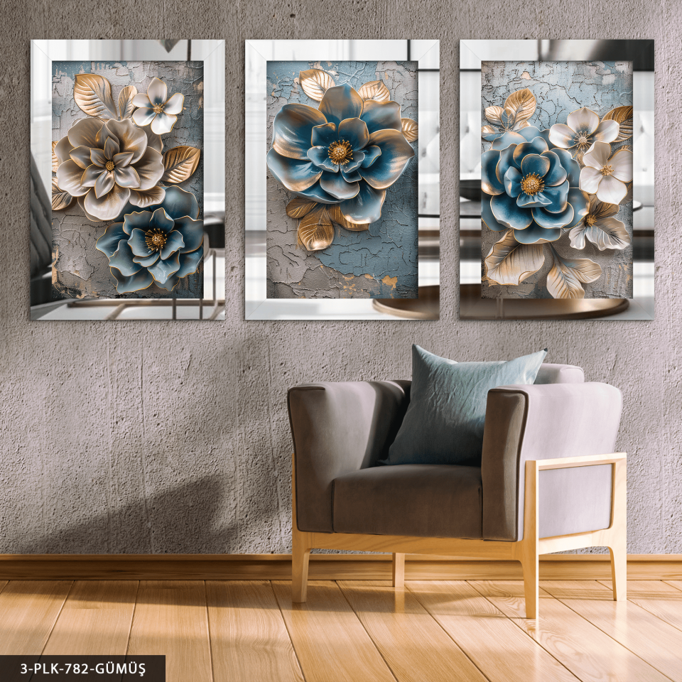 Eskitme Detaylı Mavi Ekru Çiçek 3 Parça Pleksi Aynalı Tablo Gümüş - 30 x 40 CM
