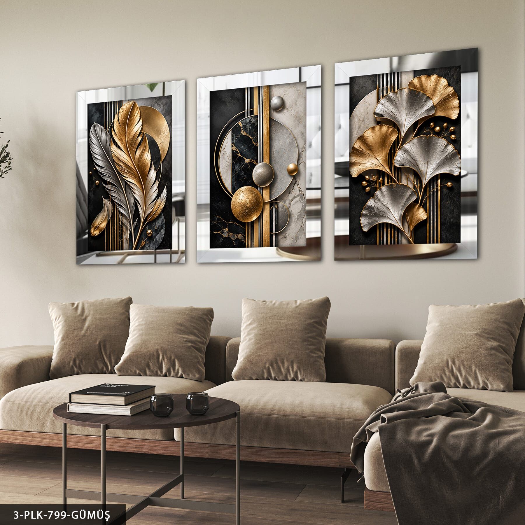Gold Gümüş Yaprak ve Soyut Desenler 3 Parça Pleksi Aynalı Tablo Gümüş - 30 x 40 CM