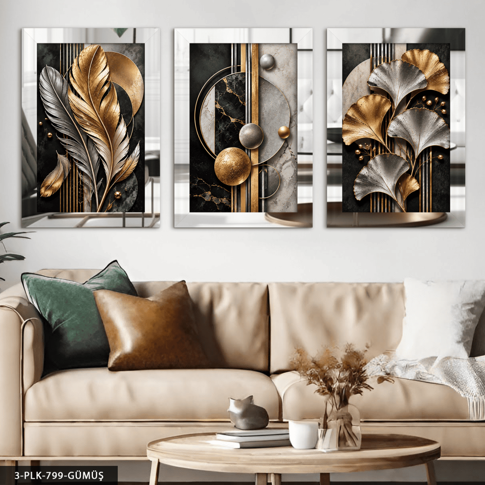 Gold Gümüş Yaprak ve Soyut Desenler 3 Parça Pleksi Aynalı Tablo Gümüş - 30 x 40 CM