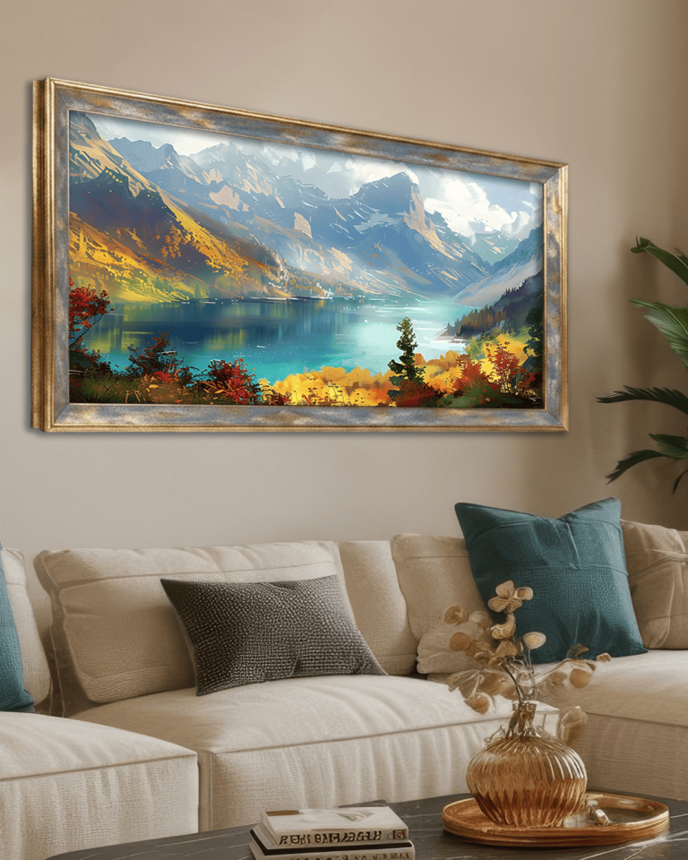 Dağların Arasında Göl Premium Çerçeveli Tek Parça Tablo 65X110 cm PRM