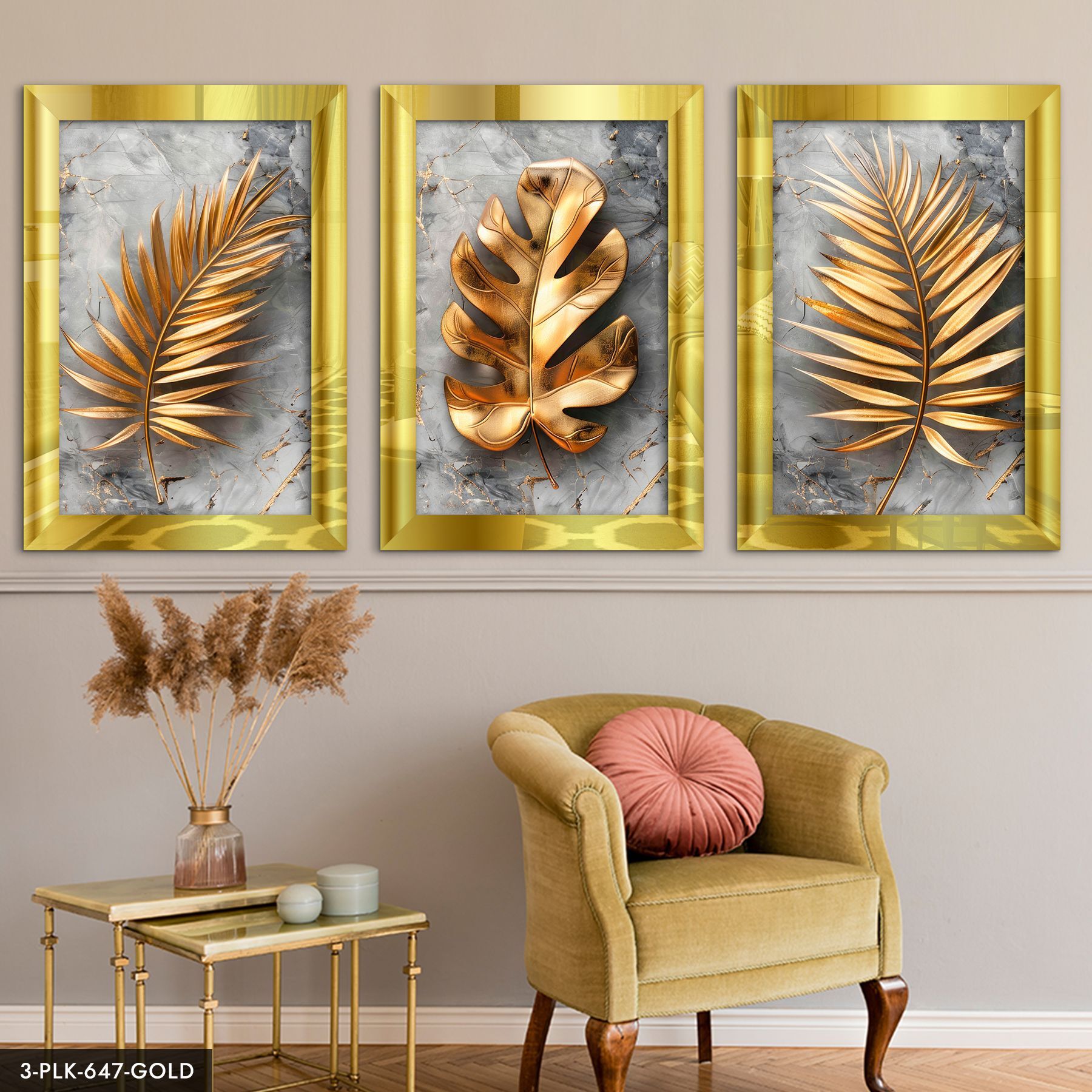 Mermer Desen Arkaplan Gold Yaprak Çiçek 3 Parça Pleksi Aynalı Tablo 60 x 80 CM - Gold