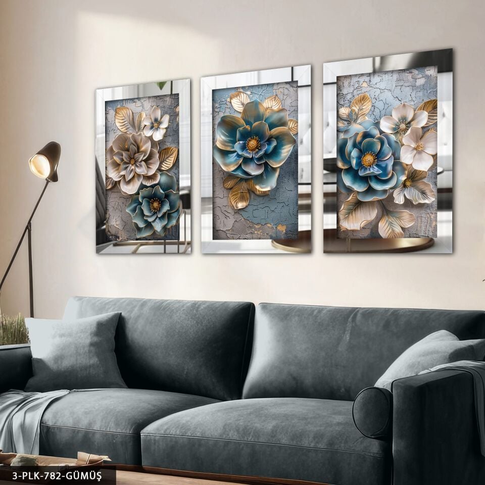 Eskitme Detaylı Mavi Ekru Çiçek 3 Parça Pleksi Aynalı Tablo Gümüş - 40 x 60 CM