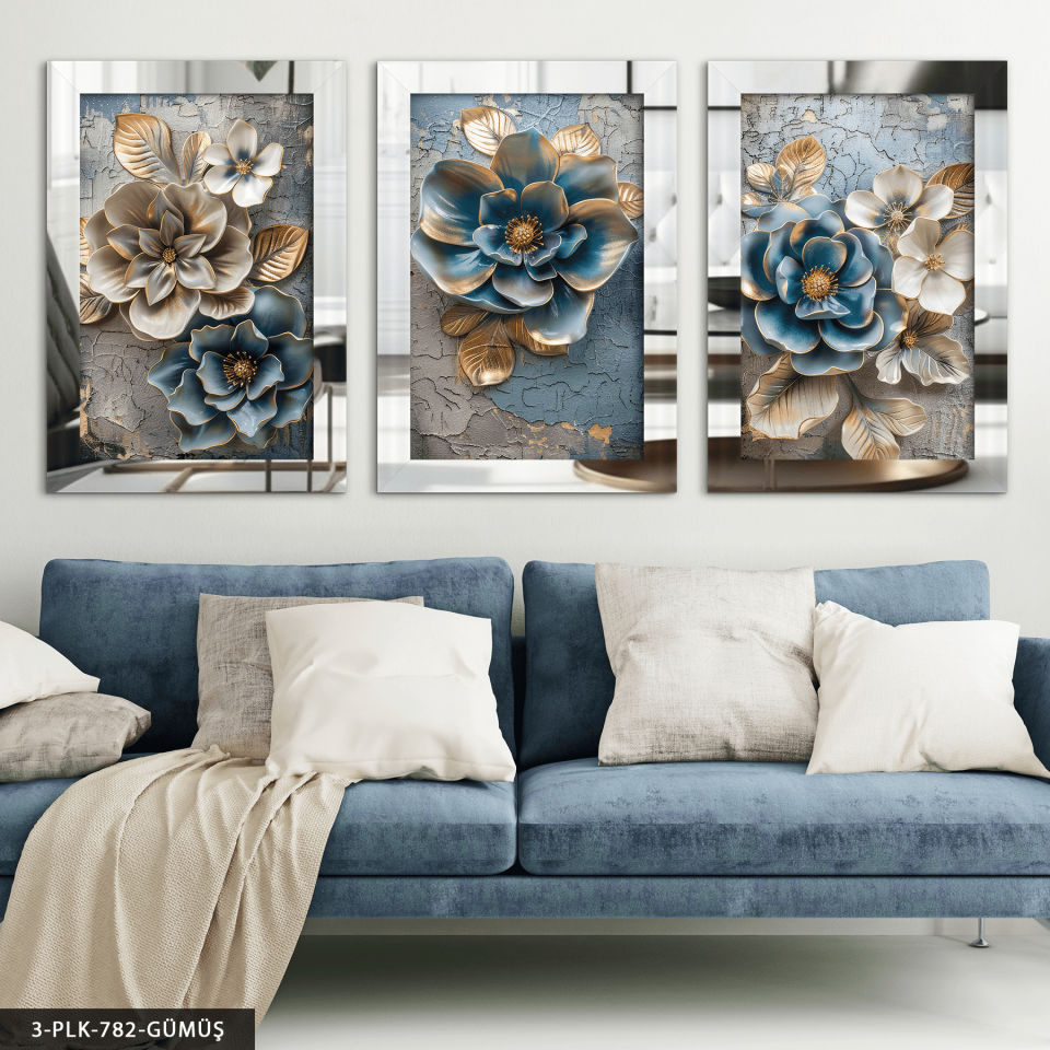Eskitme Detaylı Mavi Ekru Çiçek 3 Parça Pleksi Aynalı Tablo Gümüş - 40 x 60 CM