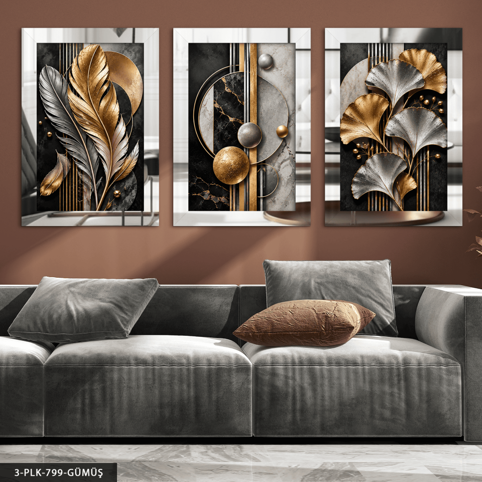 Gold Gümüş Yaprak ve Soyut Desenler 3 Parça Pleksi Aynalı Tablo Gümüş - 40 x 60 CM