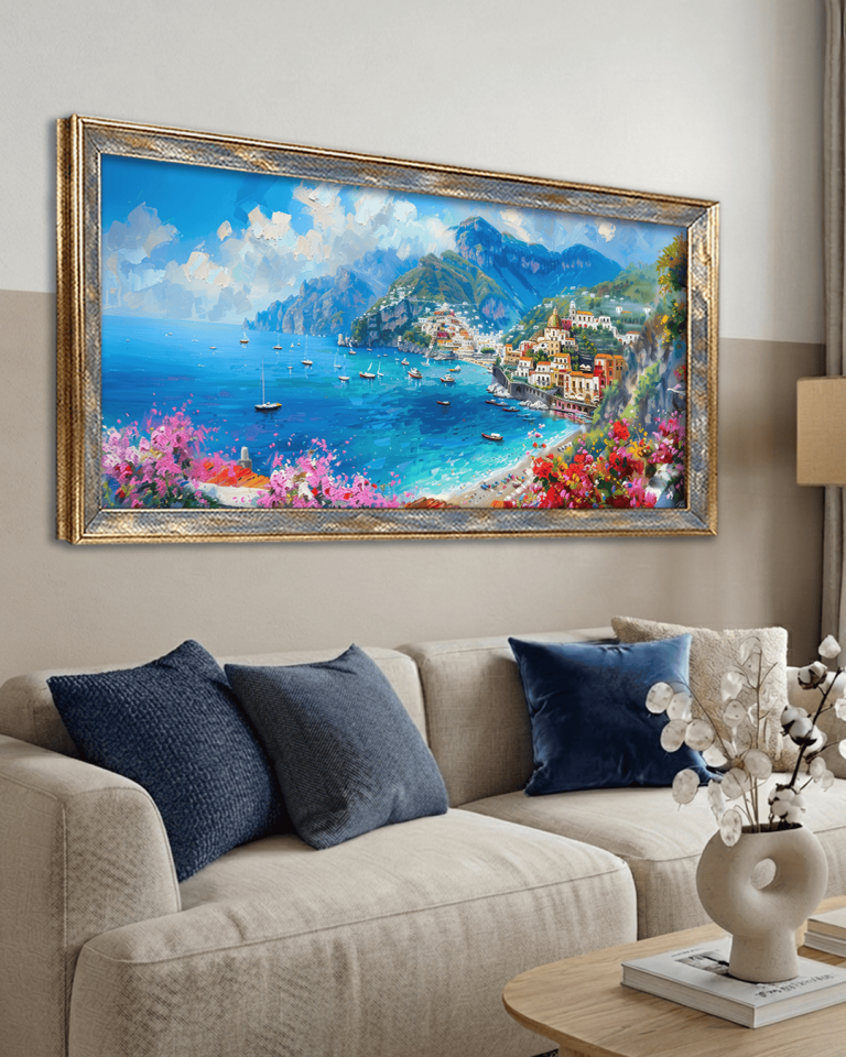 Yağlı Boya Görünümlü Deniz Manzarası Premium Çerçeveli Tek Parça Tablo 65X110 cm PRM