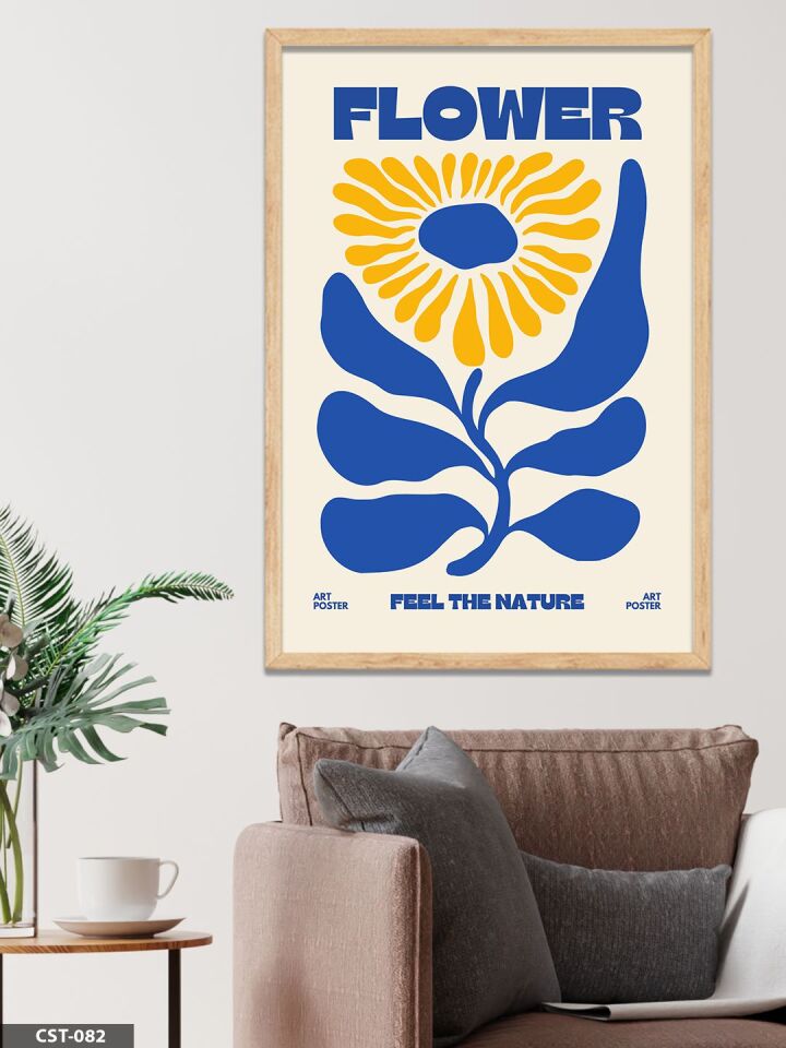 Sarı Çiçekli Flower Yazılı Tek Parça Ahşap Çerçeveli Tablo