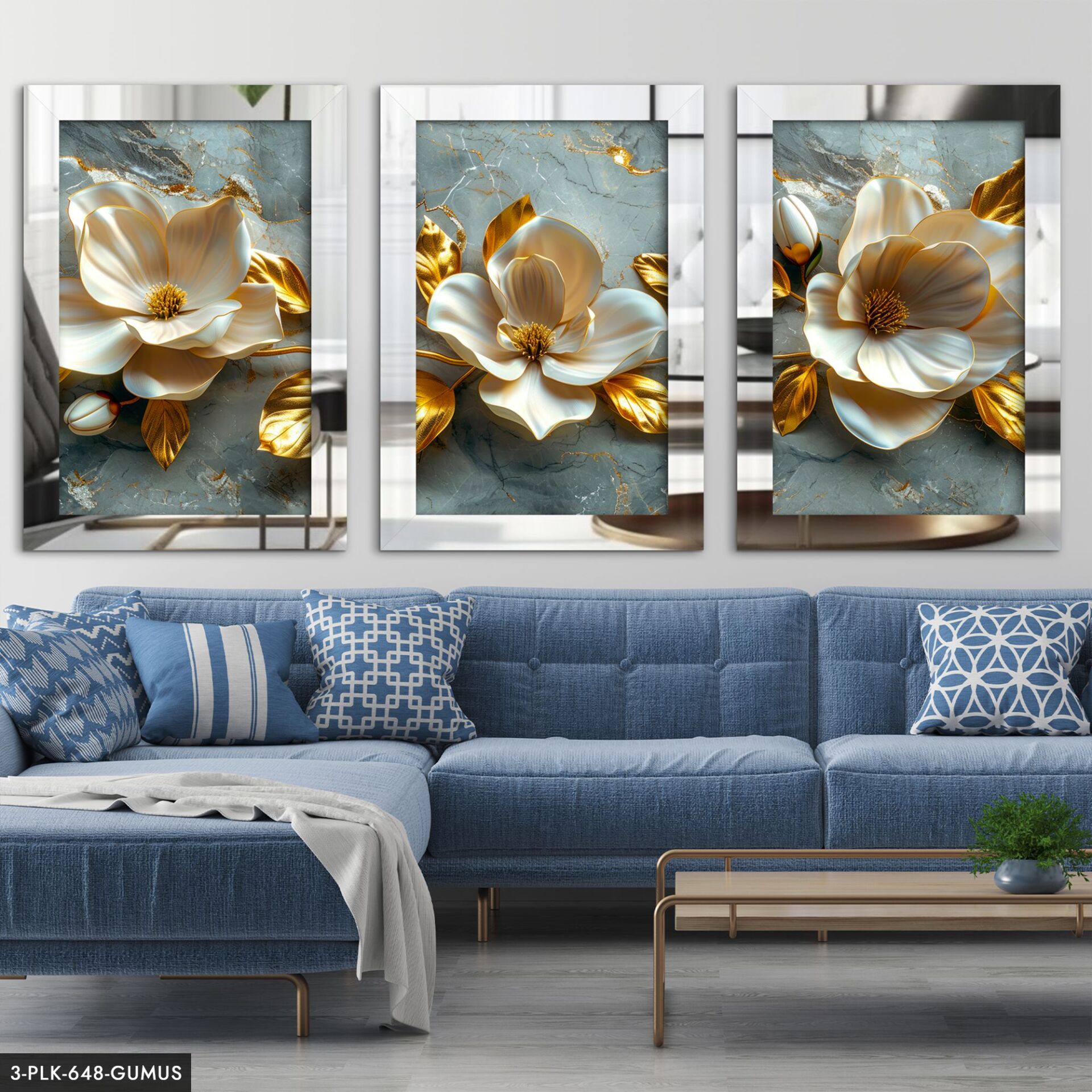 Gold Yapraklı Beyaz Çiçek 3 Parça Pleksi Aynalı Tablo 60 x 80 CM - Gümüş