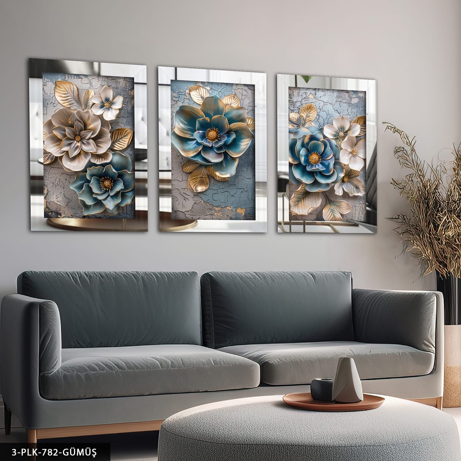 Eskitme Detaylı Mavi Ekru Çiçek 3 Parça Pleksi Aynalı Tablo Gümüş - 50 x 70 CM