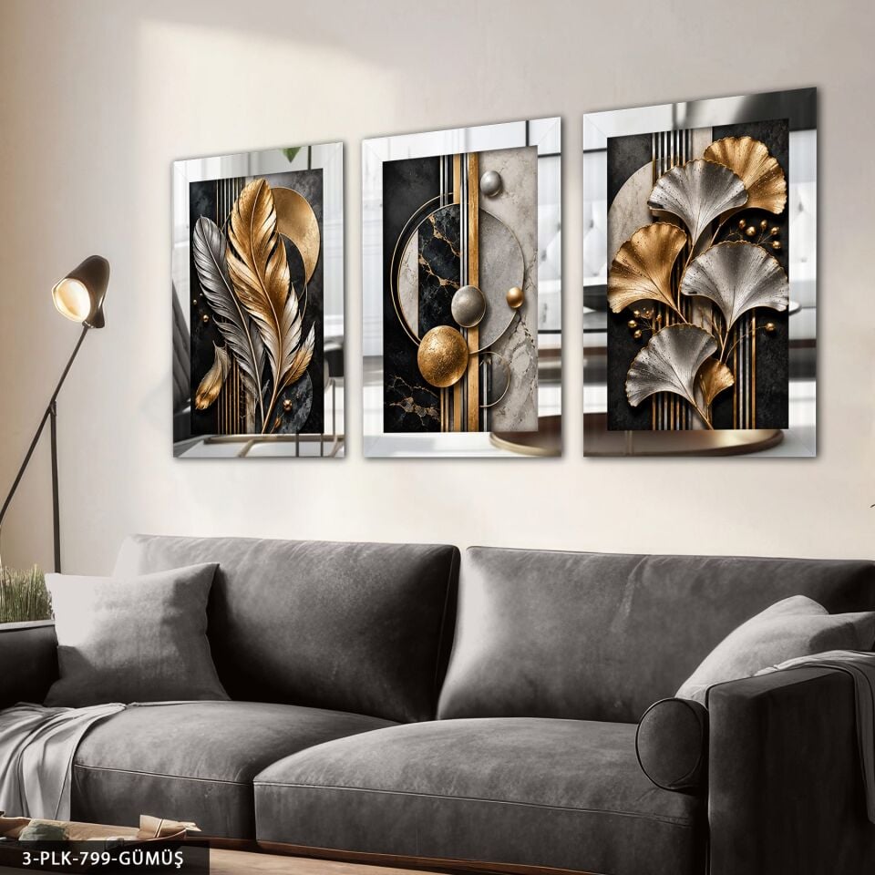 Gold Gümüş Yaprak ve Soyut Desenler 3 Parça Pleksi Aynalı Tablo Gümüş - 50 x 70 CM