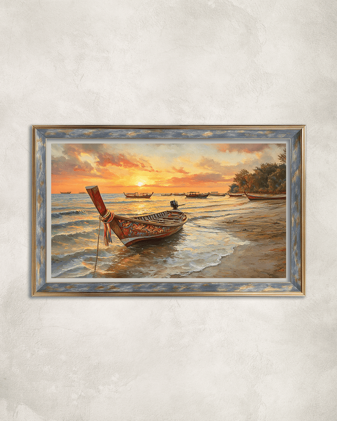 Kıyıdaki Kayık Premium Çerçeveli Tek Parça Tablo 65X110 cm PRM