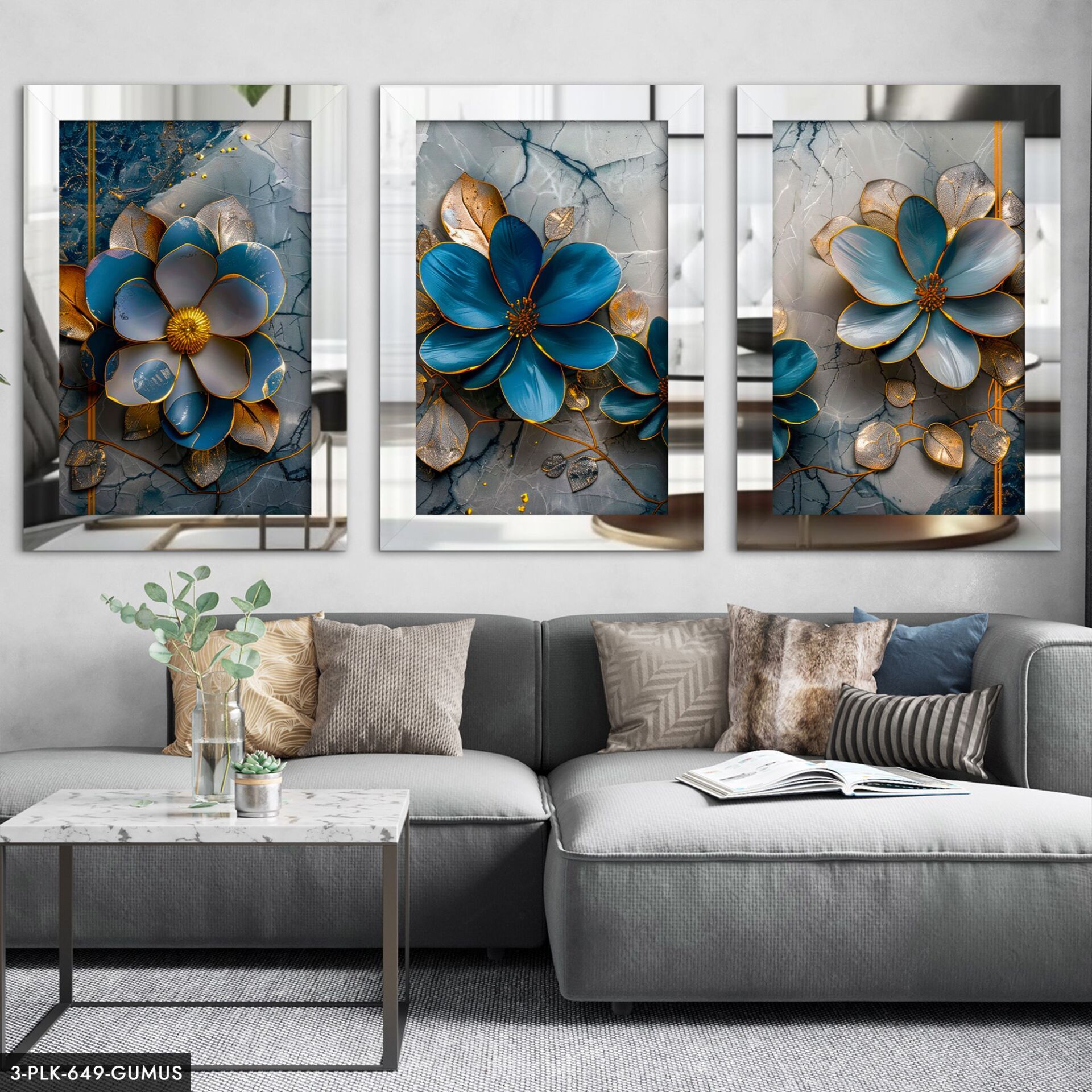 Mavi Çiçekler 3 Parça Pleksi Aynalı Tablo 60 x 80 CM - Gümüş