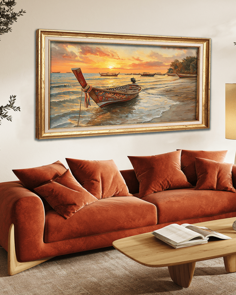 Kıyıdaki Kayık Premium Çerçeveli Tek Parça Tablo 65X110 cm PRM Gold