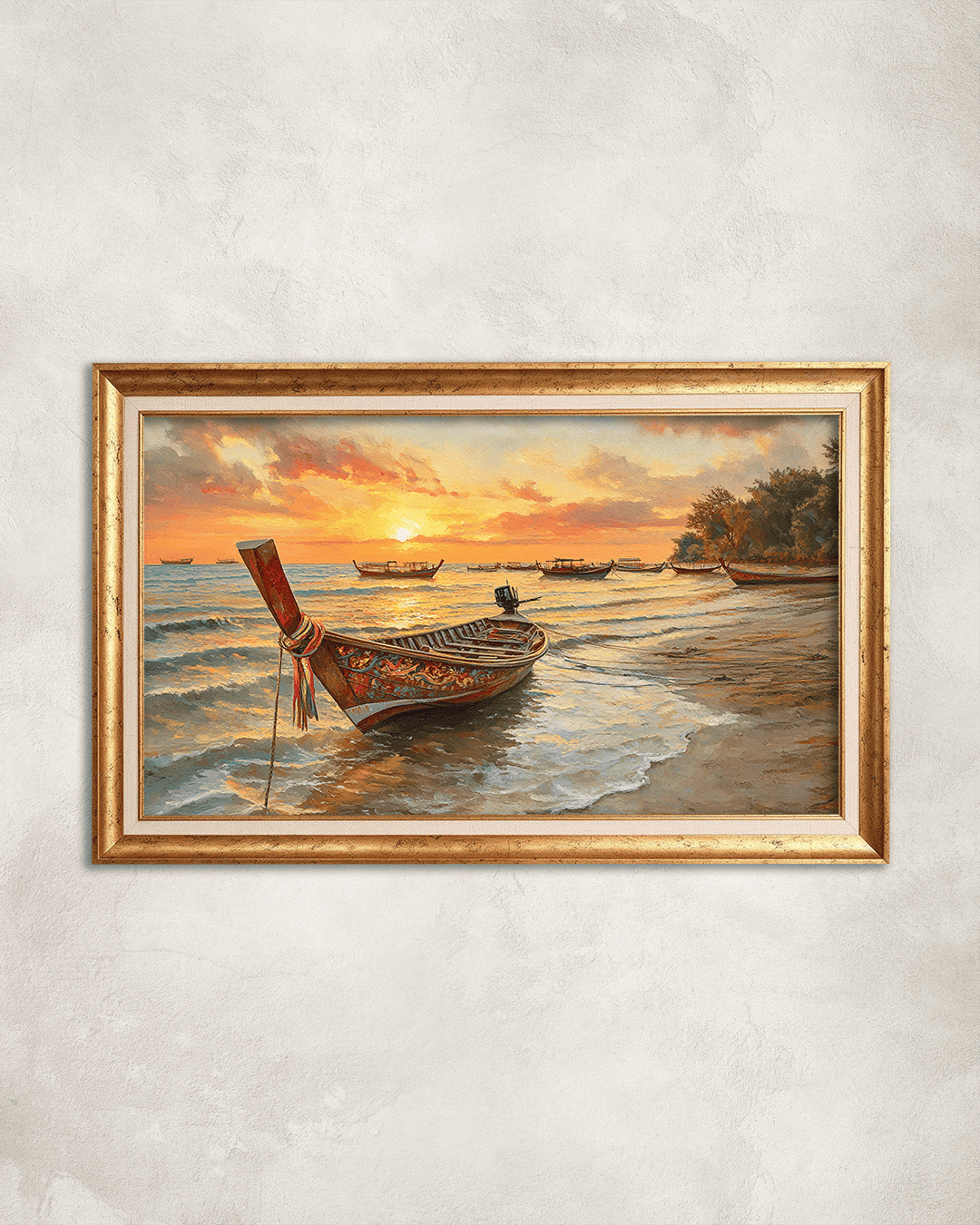 Kıyıdaki Kayık Premium Çerçeveli Tek Parça Tablo 65X110 cm PRM Gold