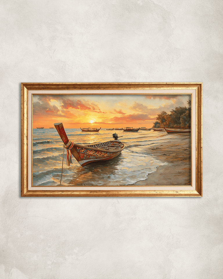 Kıyıdaki Kayık Premium Çerçeveli Tek Parça Tablo 65X110 cm PRM Gold