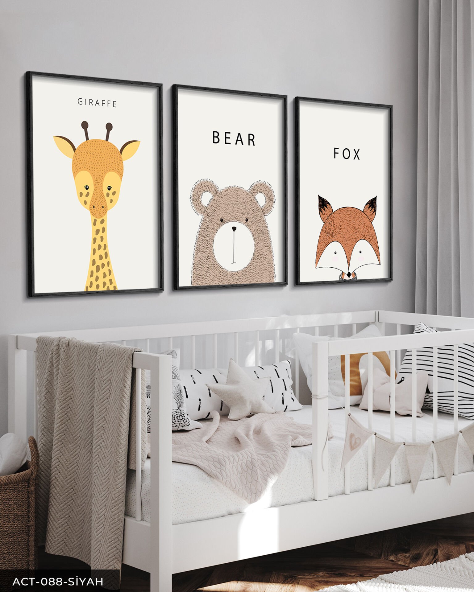 Hayvanlar Çocuk Odası 3 Parça Ahşap Çerçeveli Tablo Siyah - 40 x 60 CM