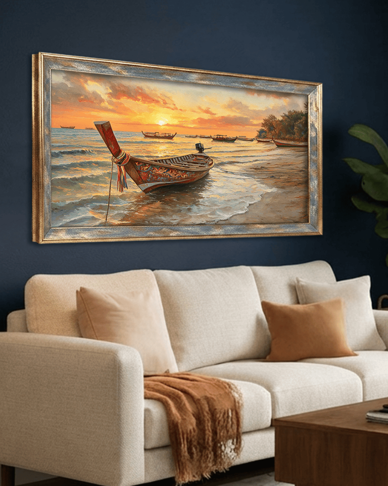 Kıyıdaki Kayık Premium Çerçeveli Tek Parça Tablo 65X110 cm PRM Mavi