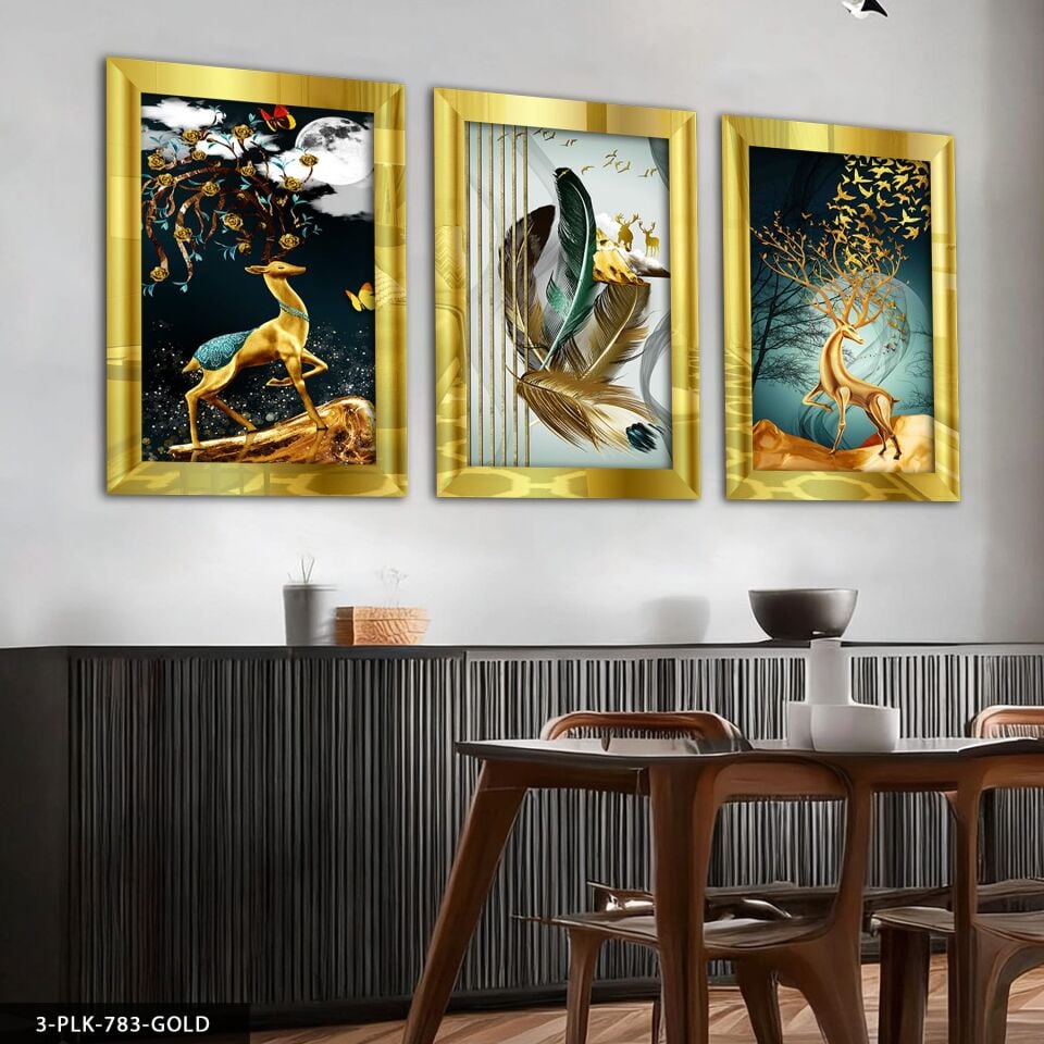 Gold Geyik ve Tüyler 3 Parça Pleksi Aynalı Tablo 40 x 60 CM - Gold
