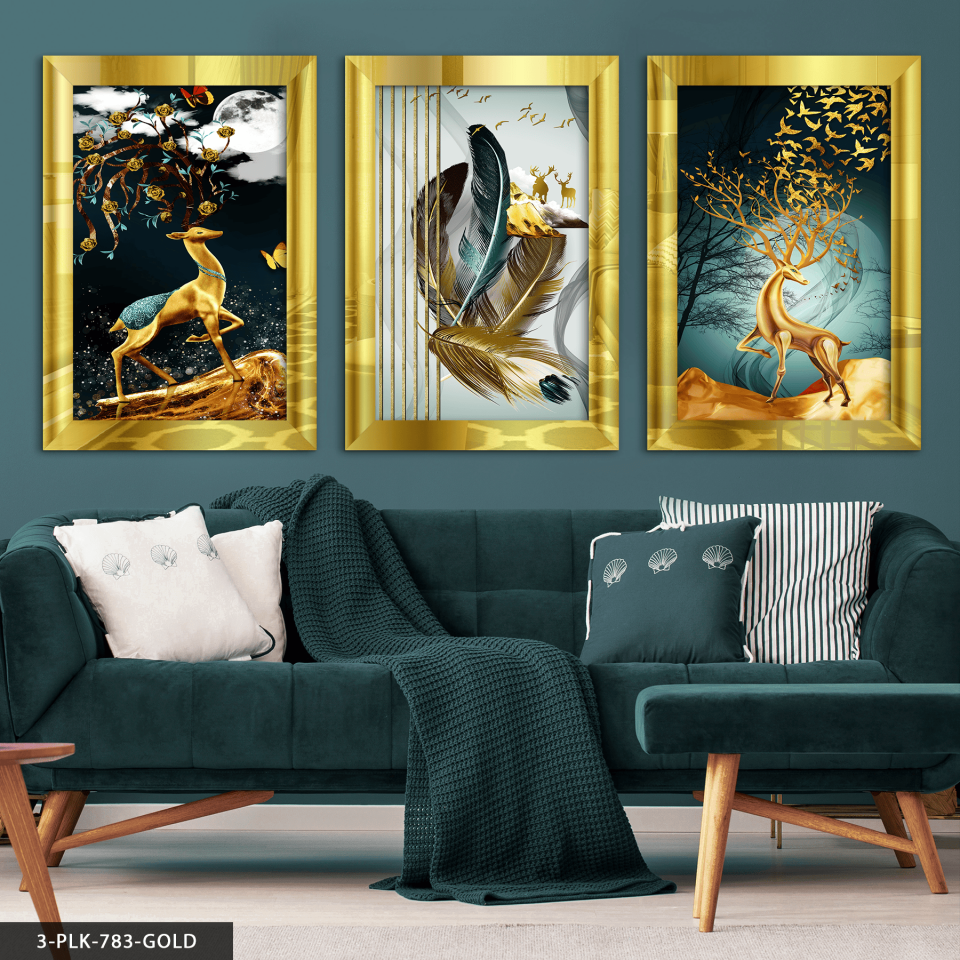 Gold Geyik ve Tüyler 3 Parça Pleksi Aynalı Tablo 40 x 60 CM - Gold