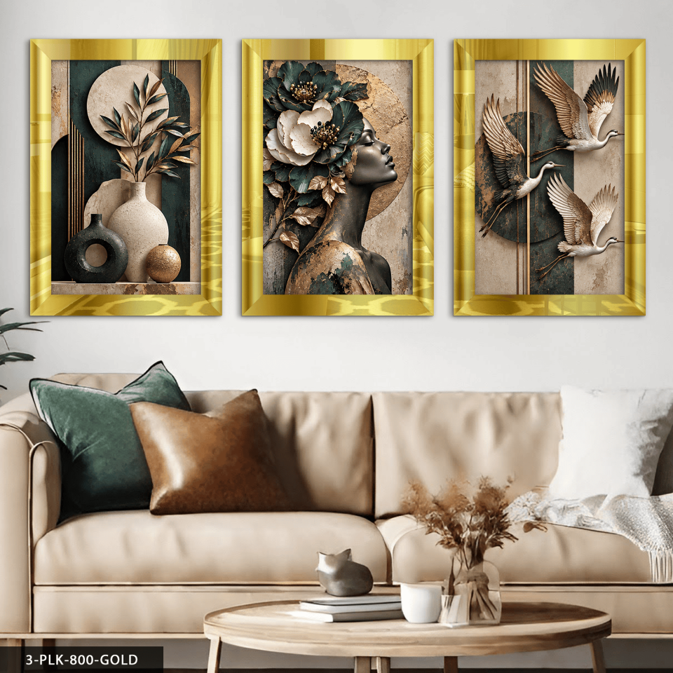 Bitki Kuşlar ve Çiçekli Kadın Portre 3 Parça Pleksi Aynalı Tablo 40 x 60 CM - Gold