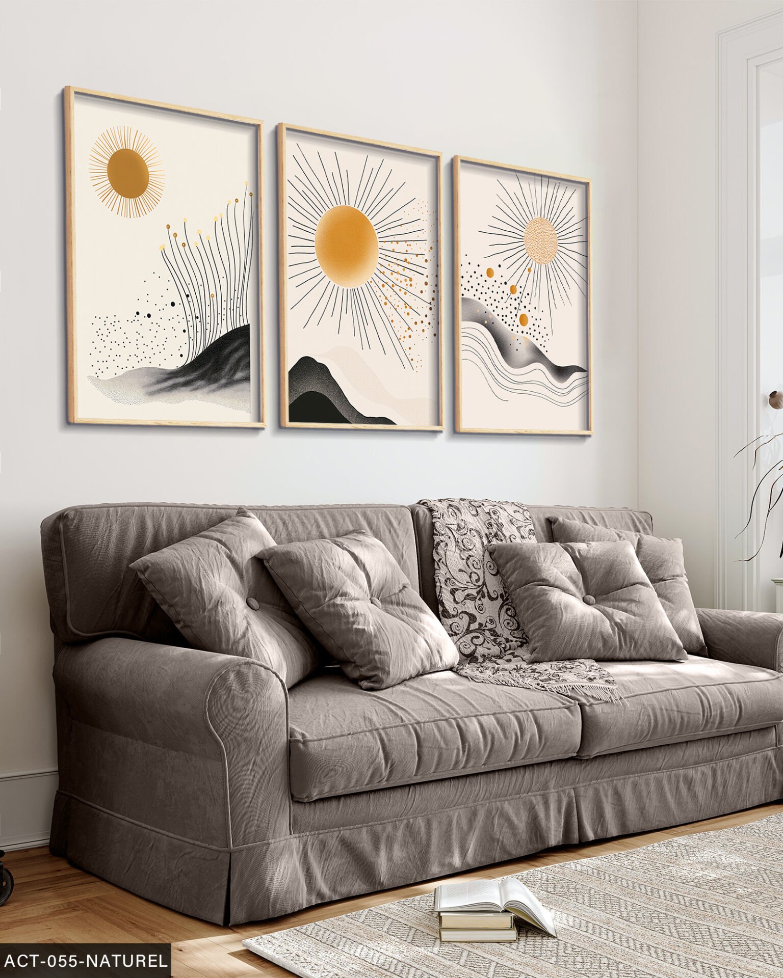 Dağ Güneş Soyut 3 Parça Ahşap Çerçeveli Tablo Naturel - 30 x 40 CM